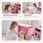 Teamson Little Chef Savannah Wooden Montessori Pretend Play Kitchen for Toddlers Kids Ages 3+ Modular Three-Piece Set with Sink Cart Stove & Fridge for Boys and Girls Playset – Pink