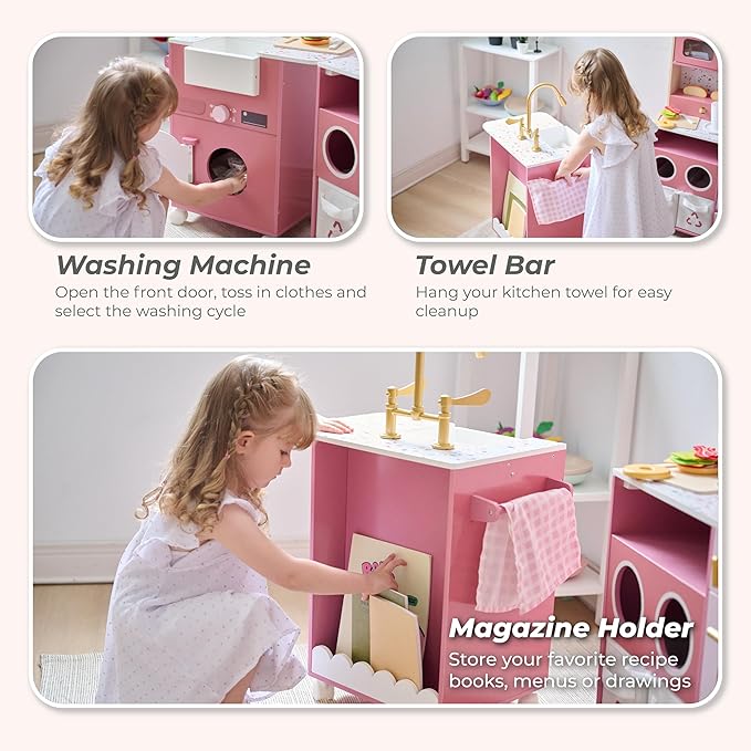 Teamson Little Chef Savannah Wooden Montessori Pretend Play Kitchen for Toddlers Kids Ages 3+ Modular Three-Piece Set with Sink Cart Stove & Fridge for Boys and Girls Playset – Pink