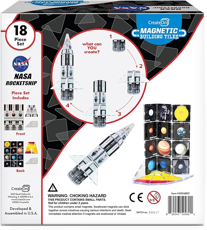 CreateOn NASA Rocketship Magnetic Tile Set, Building Set for Kids, Magnetic Building Toys for Kids, STEM Toys for Boys and Girls Ages 3 and Up, 18-Piece Set