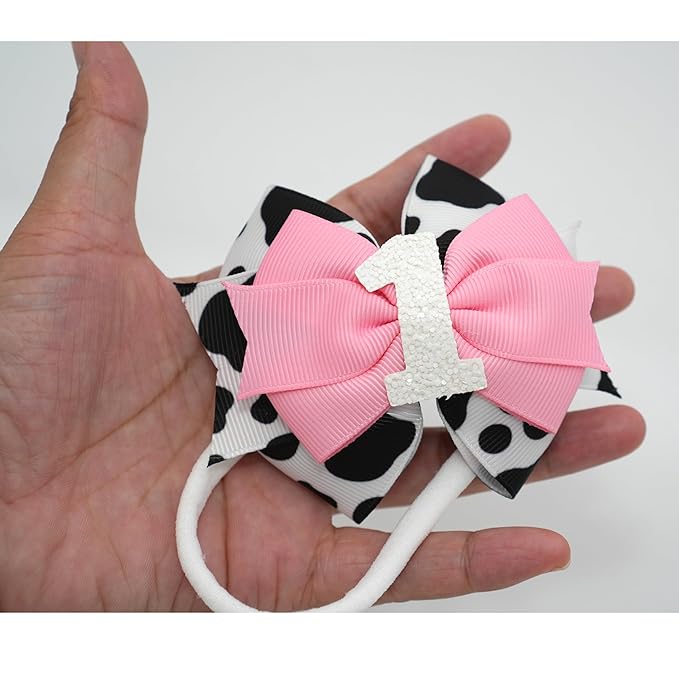 Birthday Hair Bow for Baby Girls 1 2 3 4 5 6 Years Sprinkle Decorations Party Hair Accessories Headband for First 1st Birthday Cow Print Cowgirl