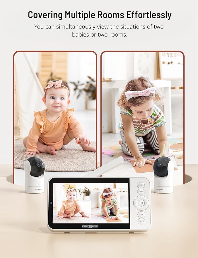 PARIS RHÔNE 2K Split-Screen Baby Monitor, 5” Smart Video Baby Monitor with 2 Cameras, Dual WiFi Cameras with App Control, Night Vision, Motion & Cry Alerts, Auto Tracking, RGB Night Light, Lullabies
