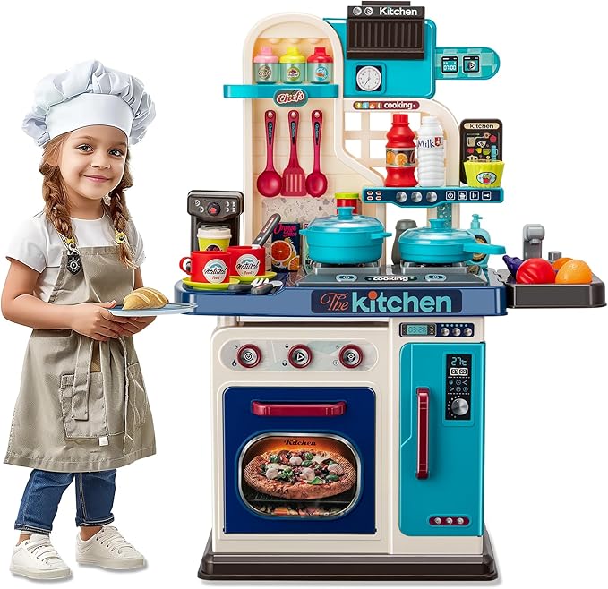 Kids Kitchen Playset-53pcs Cooking Stove,Paly Sink,Oven,Kitchen Toys with Realistic Lights&Sounds，Pretend Play Toys,Kitchen Toys for Toddler 1 2 3(Blue)