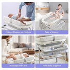 2-in-1 Baby Bathtub with Changing Table, Foldable Diaper Changing Station with 4 Wheels, Waterproof Pad, Storage Rack and Baby Bath Tub, Adjustable Height Portable Nursery Organizer for Newborn Infant