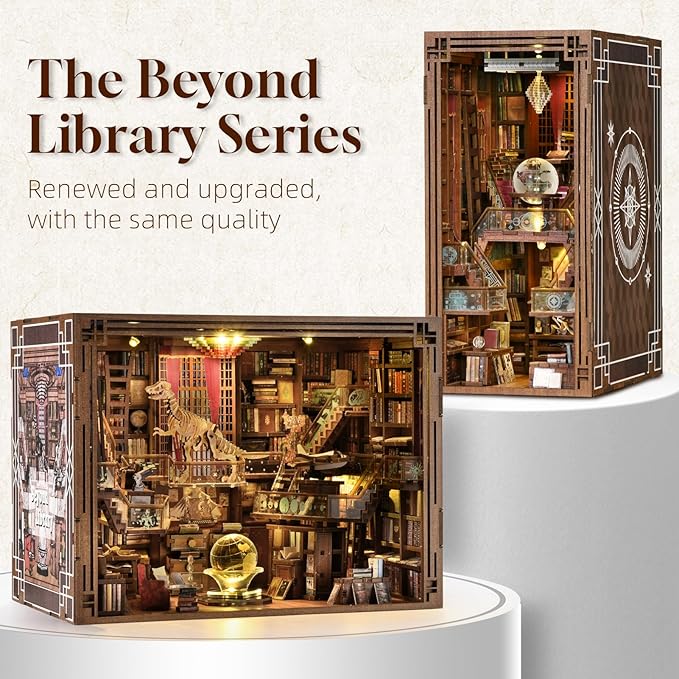 Book Nook Kit, DIY Miniature Dollhouse Booknook Kit, 3D Wooden Puzzle Bookend Bookshelf Insert Decor with LED Light for Teens and Adults (Beyond Library Max)
