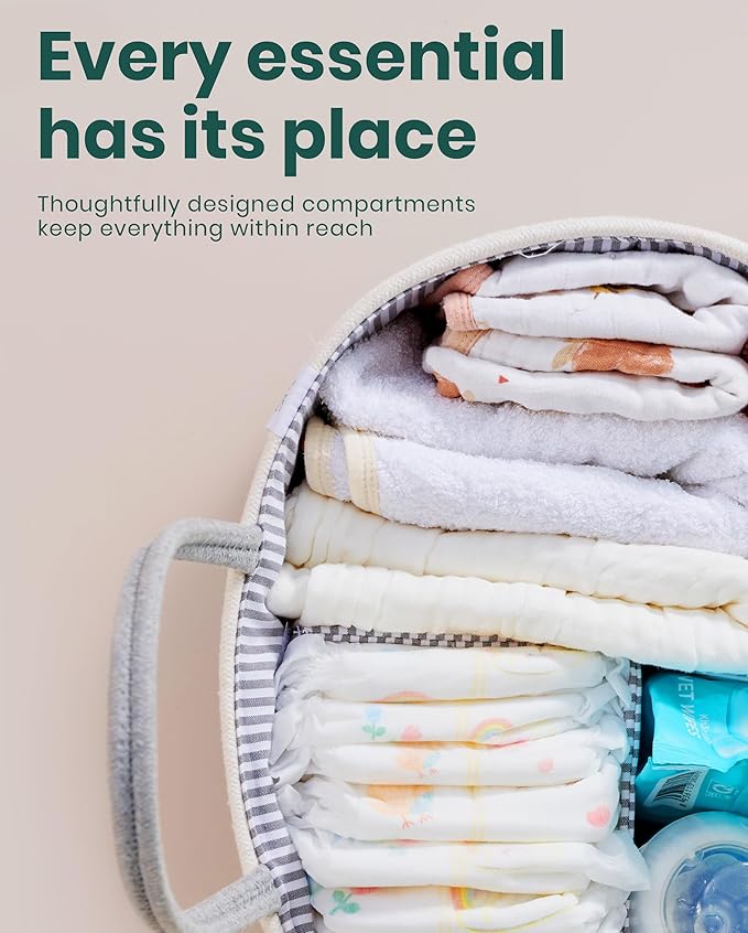 KiddyCare Woven Diaper Caddy Organizer, Large Gray Multi Functional Portable Baby Basket with Handle, Baby Gift for Boy/Girl Nursery Storage, Organization, and Modern Car Diaper Caddy Gray X-Large