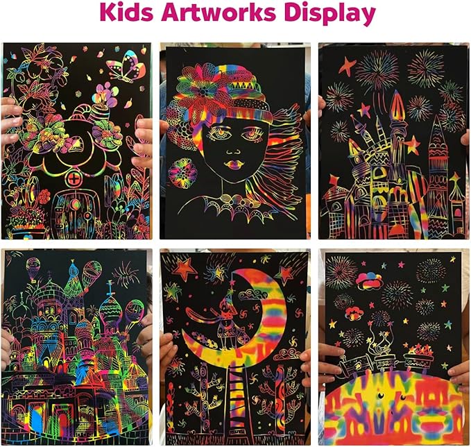 ZMLM Scratch Art Crafts Girls Gifts, 60 Rainbow Scratch Paper Art Gifts for 3 4 5 6 7 8 9 10 Years Old Girls and Boys Kids, Arts and Crafts for Kids 4-6 Birthday Toys and Games Activities Gift (Pink)