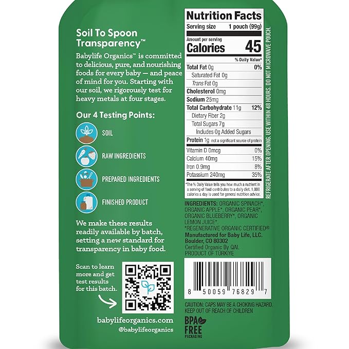 Babylife Organics Stage 2 - Spinach, Apple, Pear & Blueberry, 3.5 Ounce Pouch (6 Pack) - Heavy Metal Safe, Organic Baby Food