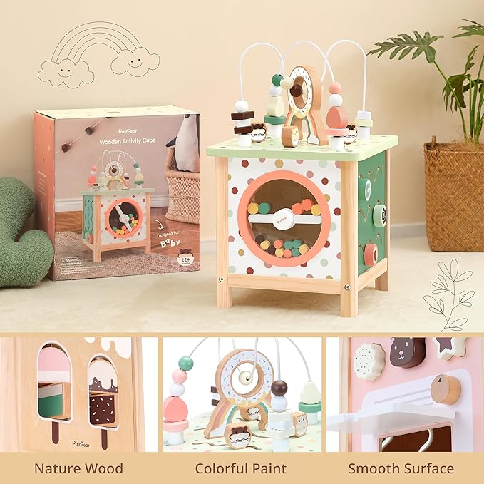 PairPear Wooden Activity Cube Montessori Toys Wooden Play Cube Activity Center Baby Busy Board Multifunctional Early Educational Development Toys Sensory Gifts for Toddlers Girls Boys 1 2 3 Year Old