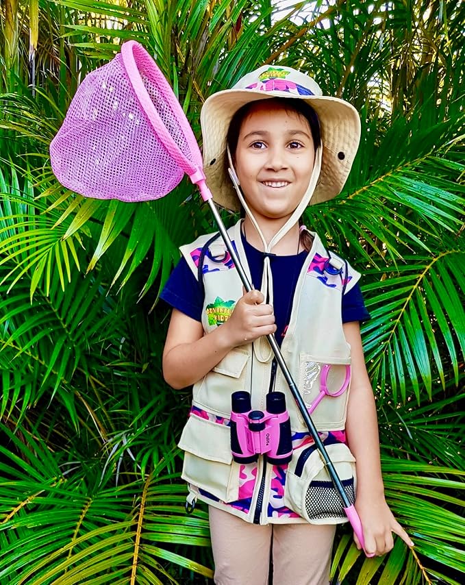 Bug Hunting Kit, Pink Safari Vest, Hat, Binoculars, Lg. Butterfly Net, Bug Container, Whistle, Flashlight, Magnifier, Thermostat, Compass, Age 3+