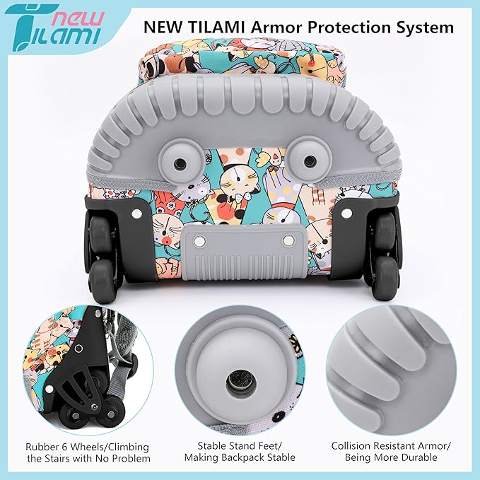 NEW TILAMI Kids 18 inch Rolling Backpack - Durable Waterproof Large Capacity Adjustable Handle Stair Climbing Design for Boys & Girls, Cats Cute