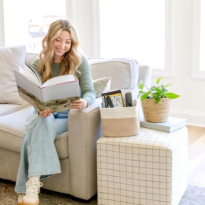 NaturalCozy Storage Cubes 9”x9”x7”Cotton Rope Woven Baskets for Organizing 3-Pack | 9 Inch Cube Storage Bin | Small Basket for Shelf Nursery, Pantry, Decorative Plant, Bathroom Closet, Toy Gift