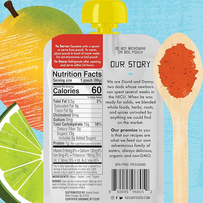 Kekoa Foods Mango Paprika Baby Food Purée | 100% USDA Certified-Organic, No Sugar Added | Organic, Non-GMO, Gluten-Free, Vegan | Sweet Mango with Lime & Mild Paprika | 3.5 oz Squeeze Pouch