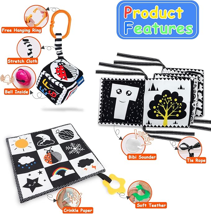 KUANGO 3 PCS Black and White High Contrast Baby Toys Newborn Toys 0-6 Months, Visual Stimulation Sensory Soft Book, Infant Tummy Time Toys 0-3-6 Months Baby Gifts