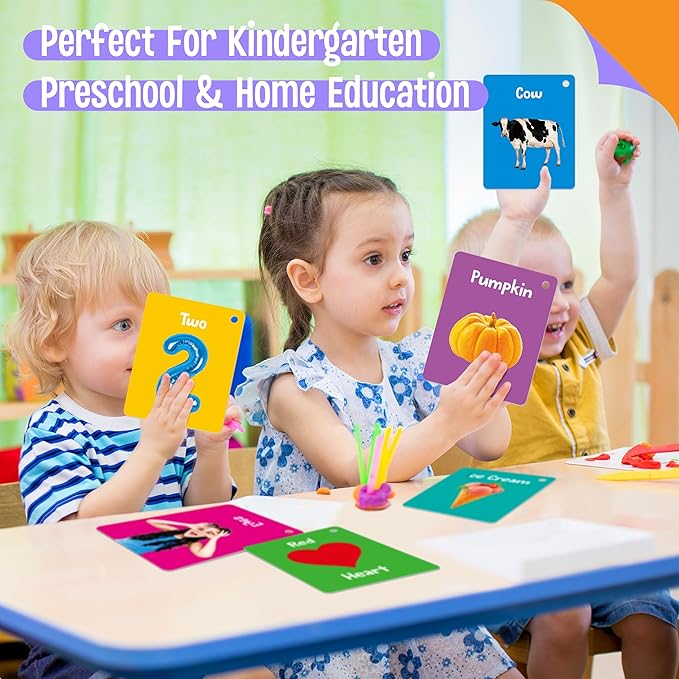 50 PCS Early Learning Flashcards, 7 in 1 Double Sided Cards- Alphabet, Numbers, Foods, Animals, Shapes, Colors with 2 Reclosable Rings, Learning Tool for Pre-K Kindergarten Toddlers