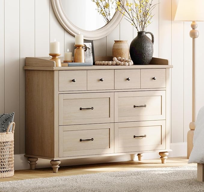 WAMPAT Beige Dresser for Bedroom with 6 Drawers, Farmhouse Kids Dressers with Wide Chest of Drawers, Light Wood Closet Storage Organizer, Baby Dresser for Living Room, Nursery