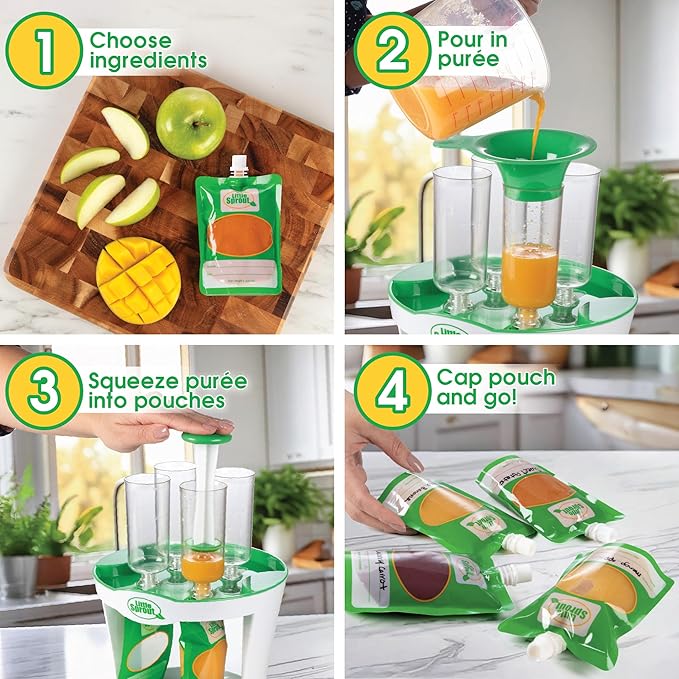 Baby Food Maker for Infants & Toddlers (11 Piece Set)- 4 6oz Food Squeeze Purees at Once w/Fill Station, Pouches, Funnel, Tubes & Plunger- Dishwasher Safe & BPA Free for Semi-Solid Food, Gift