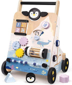 PairPear Polar Explorer Wooden Baby Walker, Montessori 9-in-1 Activity Push Walker Activity Center Toys with Adjustable Speed & Height, Penguin Mirror, Shape Sorter Learning Toys Gift for Toddler 1-3