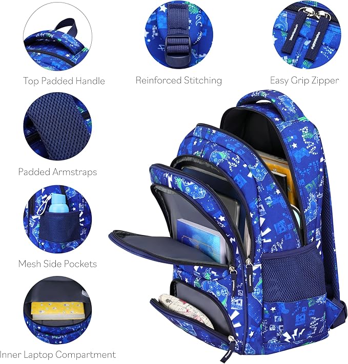 Primary School Backpack | Doubleday Collection for Boys | 17" Gamer Blue Design | Perfect for Teens