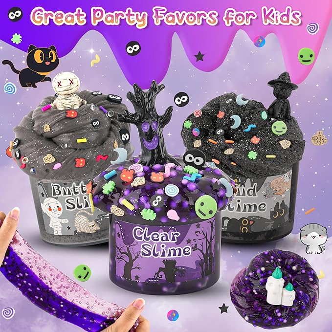 LAWOHO 6 Packs Purple Black Slime Kit - Cloud, Butter & Clear Slime, Slime for Kids with Spooky Slimes Add-ins, Slime Kit for Boys & Girls Birthday Halloween Party Favors Christmas Easter Gifts