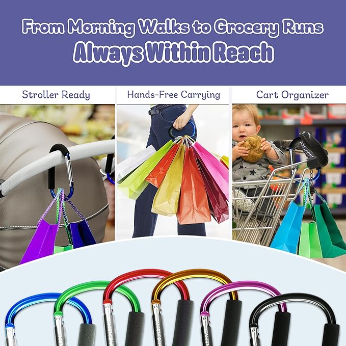 sprookber 6.7 Inch Large Stroller Hooks for Diaper Bags & Purses, Heavy Duty Mommy Hooks for Shopping, Grocery, Backpack – Baby Stroller Accessories, Set of 2 (Pink)