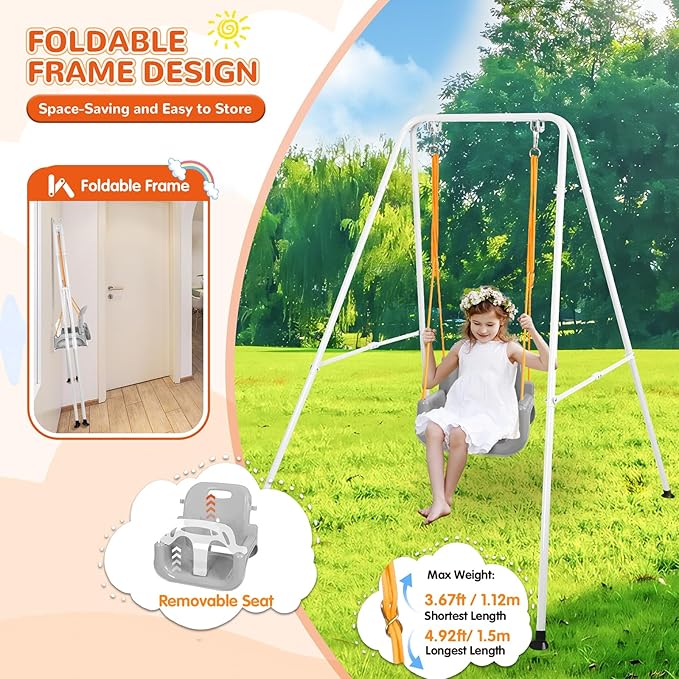 4-in-1 Swing Set & Baby Jumper and Bouncer for Toddler, Heavy Duty Baby Swing Set with Foldable Metal Stand for Indoor & Outdoor Play, Adjustable Swingset for Toddler (White)