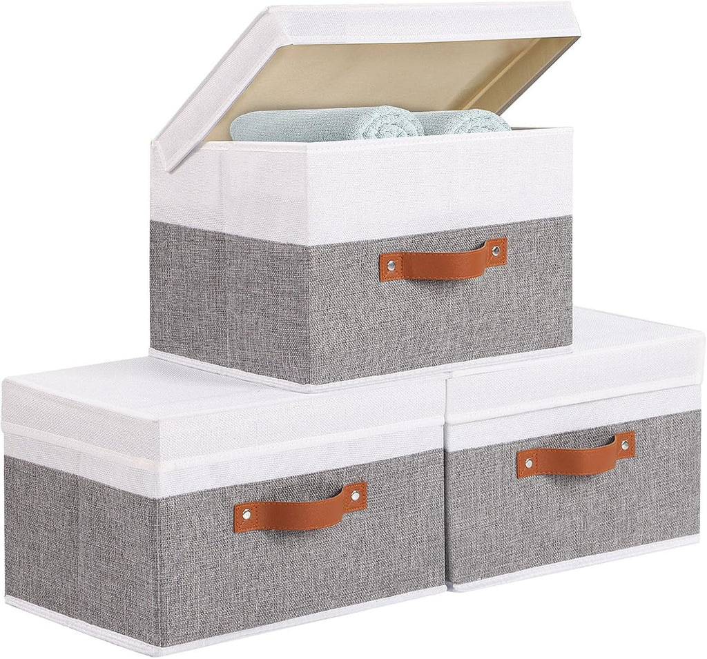 Fabric Storage Boxes with Lids, Linen Foldable Cloth Baskets, Closet Organizer Containers with Double Handles, Sweater Bins for Bedroom, White and Grey, 3 Pack, 13 x 9.1 x 7.9 Inch
