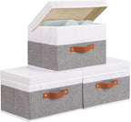 Fabric Storage Boxes with Lids, Linen Foldable Cloth Baskets, Closet Organizer Containers with Double Handles, Sweater Bins for Bedroom, White and Grey, 3 Pack, 13 x 9.1 x 7.9 Inch