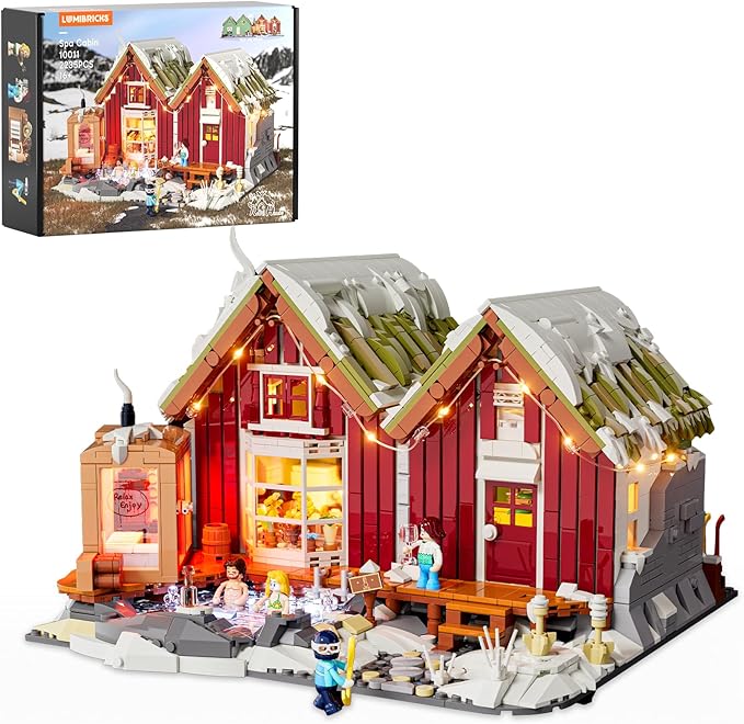 Spa-Cabin Winter Lighting-Building-Bricks Set - 2235 Pcs Christmas House Winter Lodge LED Light Construction Building Christmas Village Model Set for Adults and Families