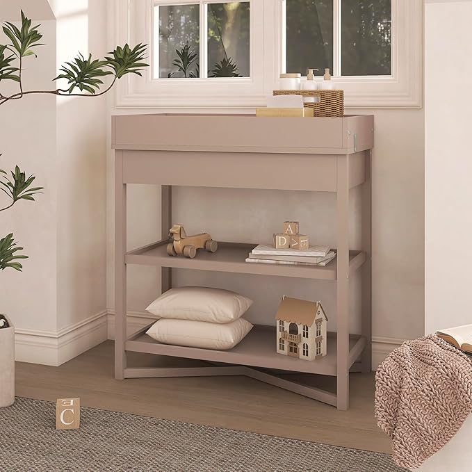Dream On Me Owen Changing Table in Almond Butter, JPMA Certified, with Two Bottom Shelves for Storage