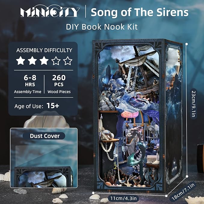 Book Nook Kit, DIY Miniature Dollhouse Book Nook Kit with Dust Cover and LED Light (The Song of Sirens)