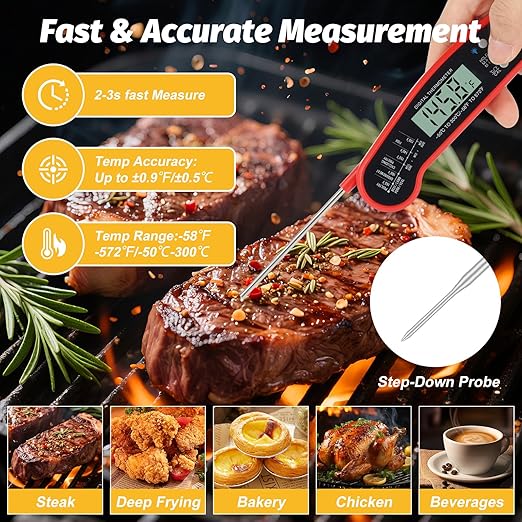 Digital Meat Thermometer – Waterproof Instant-Read Cooking Thermometer with LCD Backlight, Magnetic Back & Bottle Opener for Grilling, BBQ, Baking, Sous Vide, Candy Making & Kitchen Use
