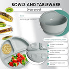 Bluet B- Silicone Baby Feeding Set - Baby Led Weaning Supplies - Baby Spoons, Suction Bowl - Plate - Baby Utensils - Silicone Feeding Set for Baby First Foods, Infant Eating - 8pcs - Gray