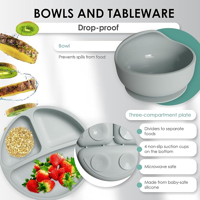 Bluet B- Silicone Baby Feeding Set - Baby Led Weaning Supplies - Baby Spoons, Suction Bowl - Plate - Baby Utensils - Silicone Feeding Set for Baby First Foods, Infant Eating - 8pcs - Gray