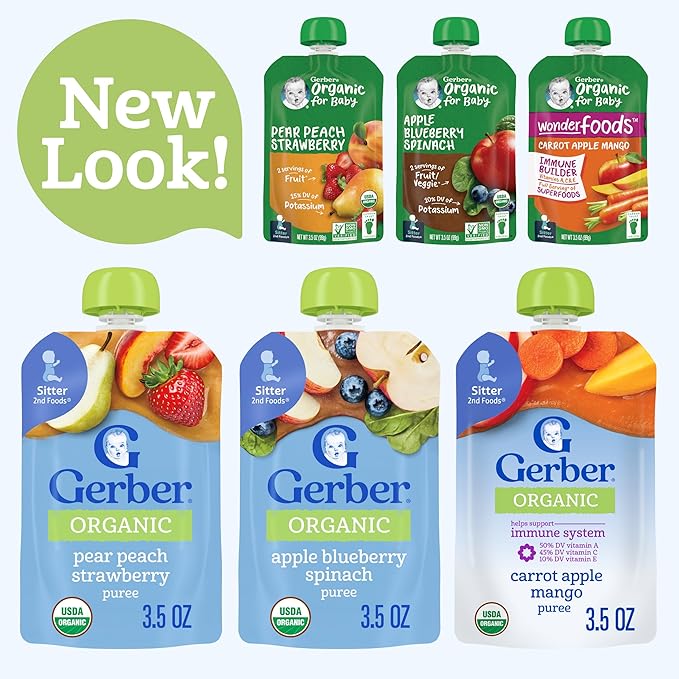 Gerber Stage 2 Baby Food, Organic Apple Blueberry Spinach, Pear Peach Strawberry, and Carrot Apple Mango Puree Pouches, 18-Pack