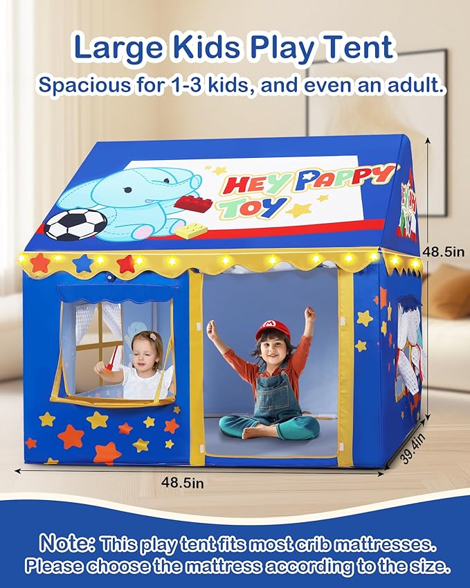 Kids Play Tent, Toddler Tent for Kid Indoor & Outdoor, 48.5"x39.4"x48.5" Playhouse Tents with Complete Toys Set, Kids Tent 3 Window, Lights and 5 Balloons
