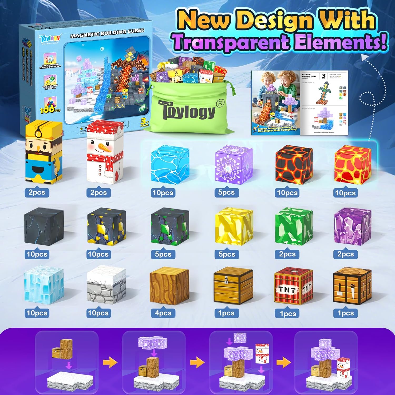 100PCS Large Magnetic Blocks-Build Mine Magnet World Ice Mine Sword Toddlers Toys for Kids Magnet Transparent Building Blocks Sensory Learning Toys for Boys and Girls Ages 3 4 5 6 7 8-12 Birthday Gift