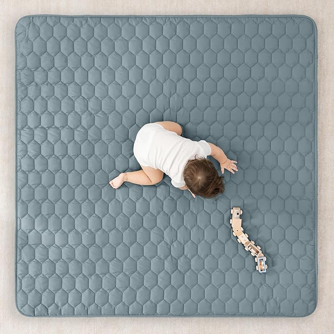Comfy Cubs Square Kids Play Mat - 56 x 56 inches Soft Quilted Baby Floor Mat with Non-Slip Bottom - Plush Design for Toddlers' Playtime and Relaxation - Comfortable and Durable - Pacific Blue