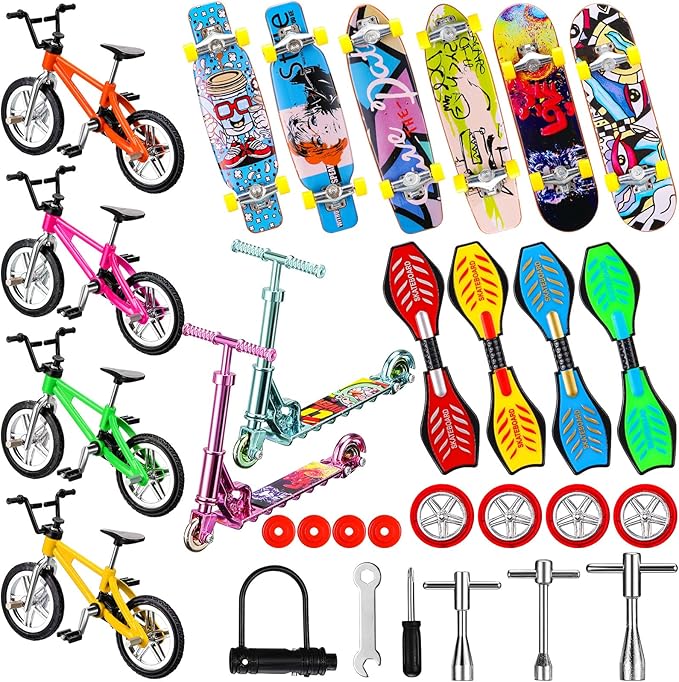 Skylety 31 Pieces Mini Finger Toys Set for Boy Girl Includes 6 Finger Skateboards, 4 Bikes, 2 Mini Scooters 4 Swing Board 8 Matched Wheels 7 Tool Accessories Educational Toy Party Favor(Fun)