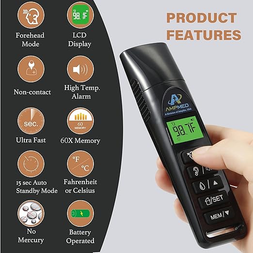 Amplim Baby Thermometer | 3-in-1 Accurate Infrared Thermometer for Ear, Forehead & Touchless, Fever Thermometer for Baby, Infants, Toddlers, Kids & Adults | Base Stand & Clock (Black)