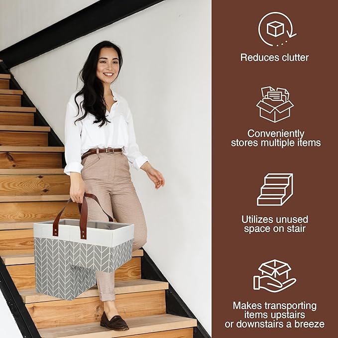 SAM AND MABEL Stair Basket with Chevron Pattern – 16”L x 9.5”W x 16”H Staircase Basket with Handles, Foldable Stairway Storage Organizer for Home Office Decor (Smart Gray-White)