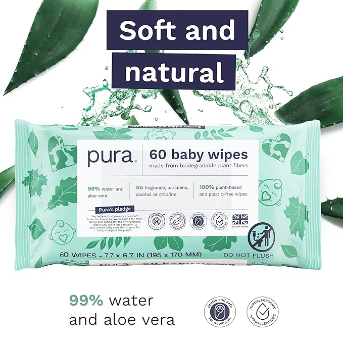 Pura Baby Wipes 3 x 60 per pack (180 Wipes) 100% Plastic-Free & Plant Based Wipes, 99% Water, Suitable for Sensitive & Eczema-prone Skin, Fragrance Free & Hypoallergenic, EWG, Cruelty Free (Pack of 2)