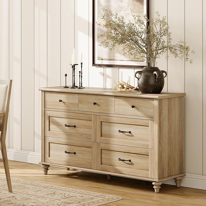 WAMPAT 2 Pack Kids Dresser with 14 Drawers for Bedroom, 2-in-1 Wide Baby Dresser for Nursery & Kids Room, Farmhouse Chests & Dressers, Wooden Closet Organizer for Children’s Bedroom, Oak