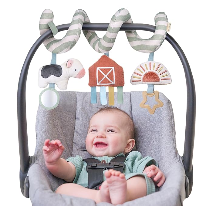 Itzy Ritzy Spiral Car Seat & Stroller Activity Toy - Stroller & Car Seat Toys for Ages 0 Months and Up - Hanging Toys Include Dangling Ring, Mirror and Textured Ribbons (Farm)