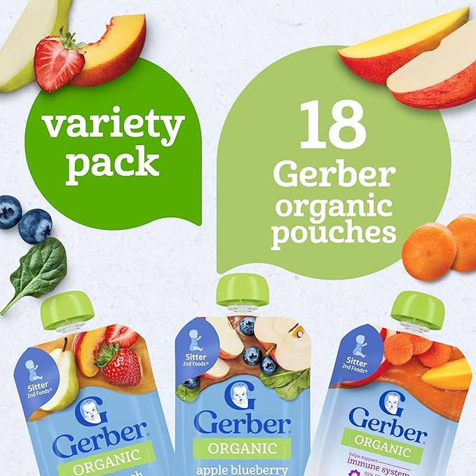 Gerber Stage 2 Baby Food, Organic Apple Blueberry Spinach, Pear Peach Strawberry, and Carrot Apple Mango Puree Pouches, 18-Pack