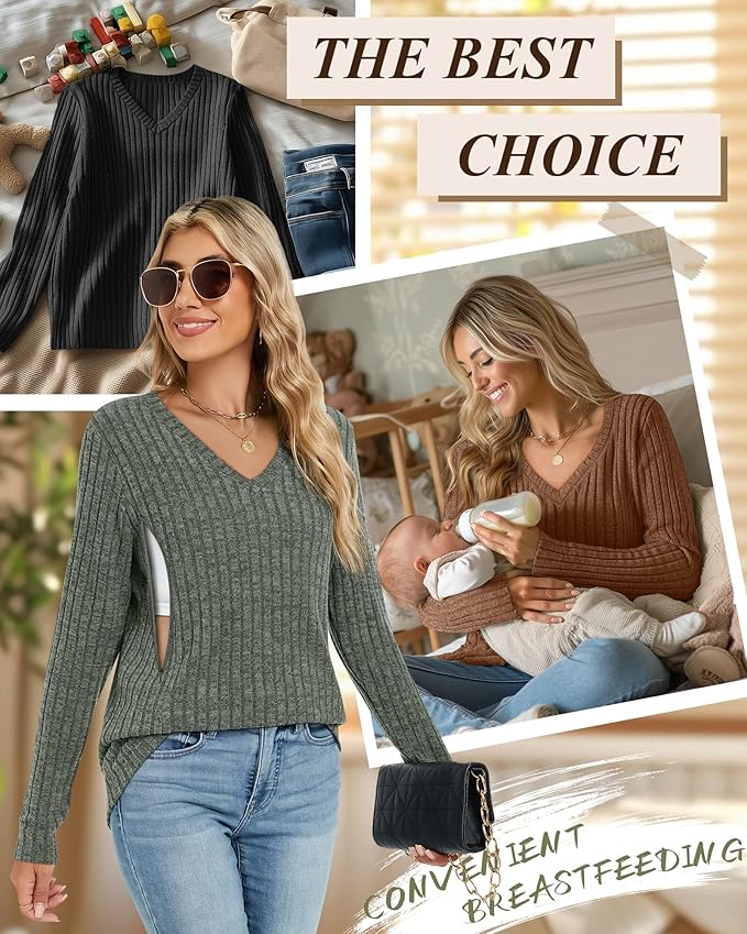 3 Pack Women's Maternity Nursing Tops, V Neck Breastfeeding Sweaters Long Sleeve Hidden Zipper Shirts
