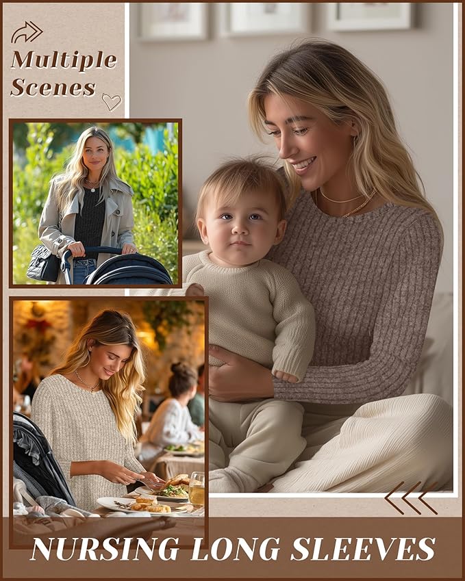 3 Pack Women's Nursing Long Sleeve Tops Breastfeeding Thermal Sweaters with Hidden Zipper Maternity Ribbed Shirts