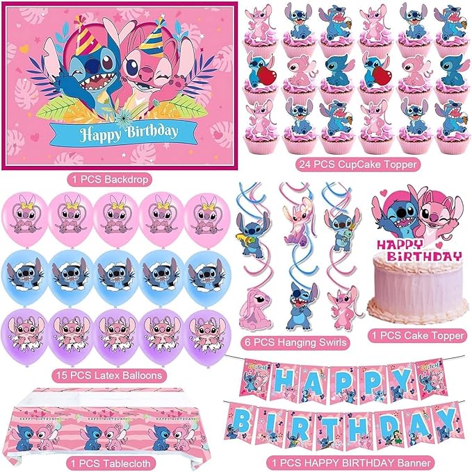 Stitch Party Supplies, 49PCS Birthday Decorations Set Include Banner, Balloons, backdrop,Stickers, Hanging Swirls, Cake Cupcake Toppers, Tablecloth for Boys Girls Stitch Theme Party