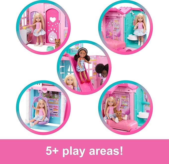 Barbie Chelsea Toy Dollhouse with 15+ Accessories, Pop-Up House Expands to 17+ x 13+ inches with 5 Play Areas & Slide, Includes Small Doll & Pet Dog