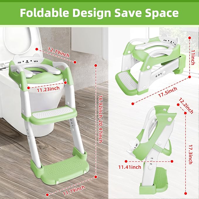 Potty Training Seat, Upgrade Toddler Toilet Seat for Kids Boys Girls, 3 in 1 Potty Training Toilet with Step Stool Ladder-Non Slip Foldable (Green+White)