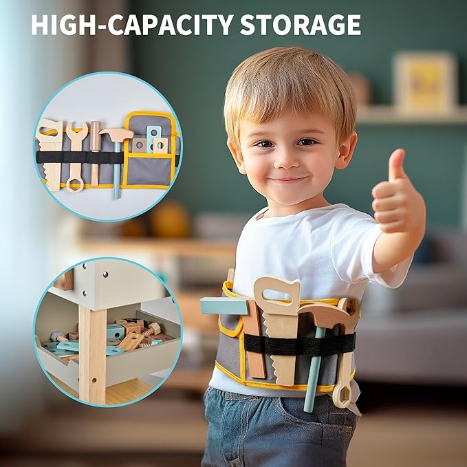 Kids Tool Set,Wooden Tools Bench with Apron Toddler Toy Workbench with Realistic Tools Electric Drill STEM Construction Toy Gifts for Age 3-9 Boys Girls